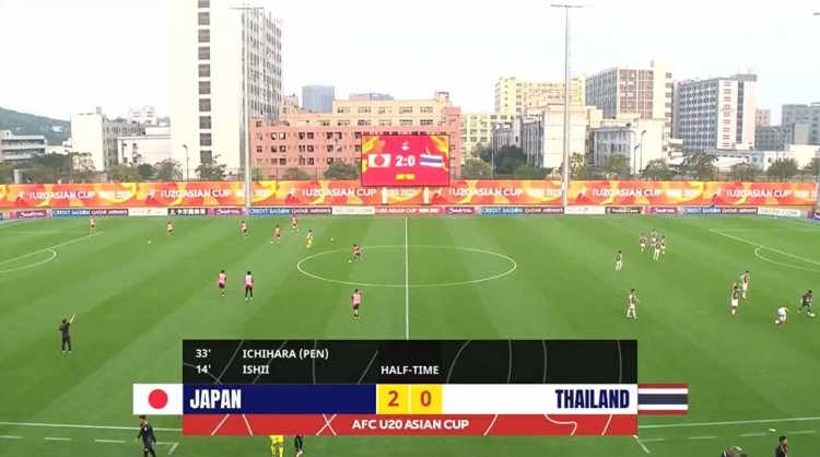 半场-日本U20 2-0领先泰国U20，石井久继破门+中柱 泰国0射正